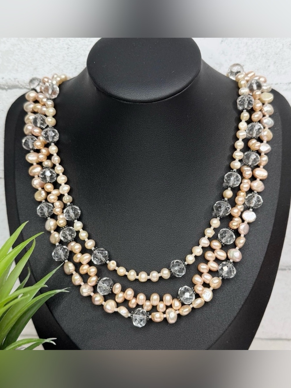 Handmade Genuine Baroque Freshwater Pearl Clear Crystal Three Strand Necklace